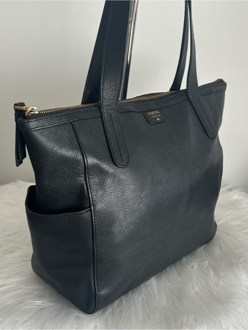 Fossil Black Leather Large Zip Top Tote Laptop Shoulder Bag Work bag - Picture 5 of 14